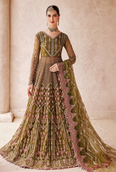 Green Pakistani Wedding Dress In Pishwas Frock Style Nameera By Farooq 