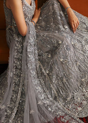 Grey Embellished Pakistani Bridal Dress in Crushed Gharara Style