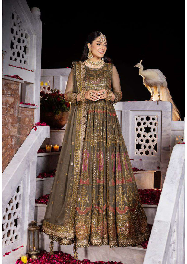 Grey Embroidered Pakistani Wedding Dress in Kalidar Pishwas Style