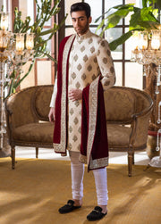 Heavily Embellished Ivory Khaddi Raw Silk Pakistani Groom Sherwani