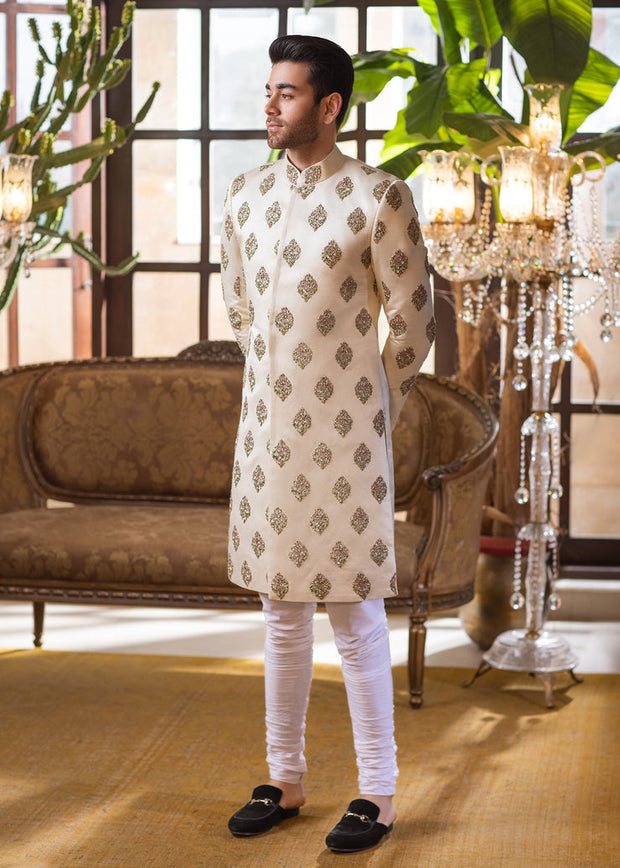 Heavily Embellished Ivory Khaddi Raw Silk Pakistani Sherwani