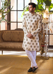 Heavily Embellished Ivory Raw Silk Pakistani Groom Sherwani