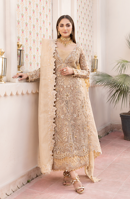 Heavily Embellished Pakistani Golden Kameez Trousers Wedding Dress