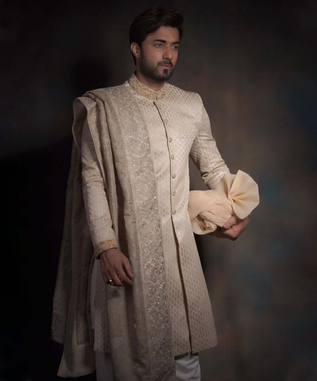 Heavily Embroidered Gold Fitted Pakistani Groom Sherwani Raw Silk