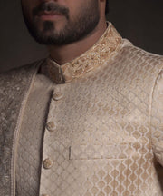 Heavily Embroidered Gold Fitted Pakistani Groom Sherwani in Silk