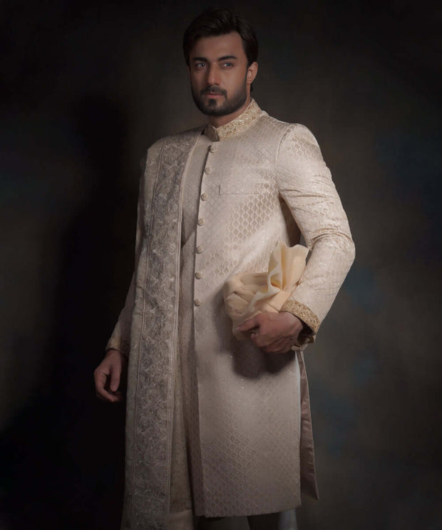 Heavily Embroidered Gold Fitted Pakistani Sherwani in Raw Silk