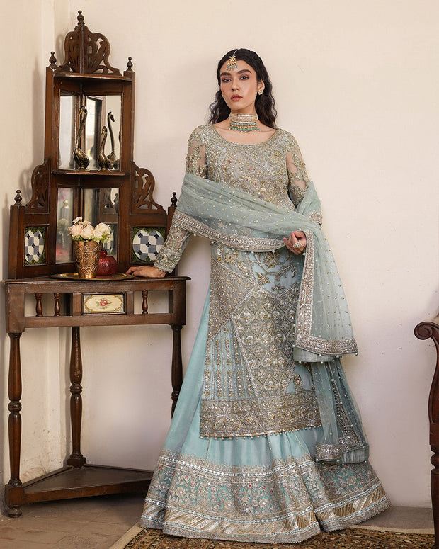 Ice Blue Kameez Sharara Style Pakistani Wedding Dress