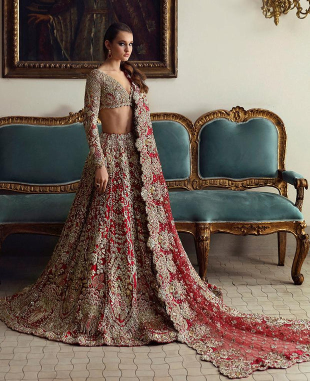 Indian Bridal Dress in Red Choli Dupatta Lehenga Style