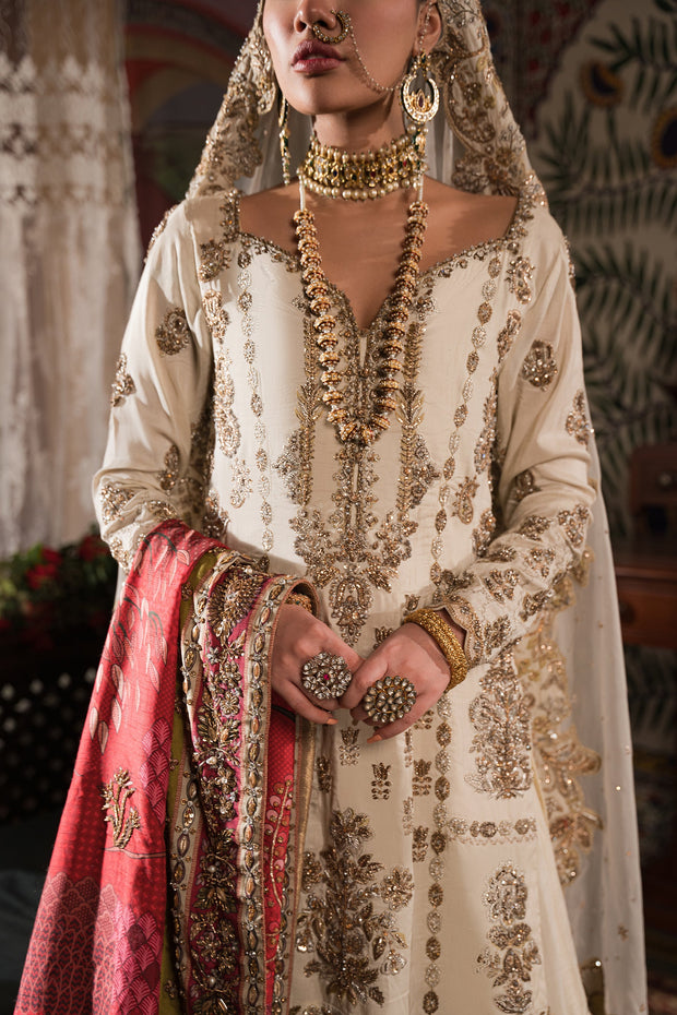 Ivory Gold Embroidered Pakistani Bridal Classic Kameez Gharara