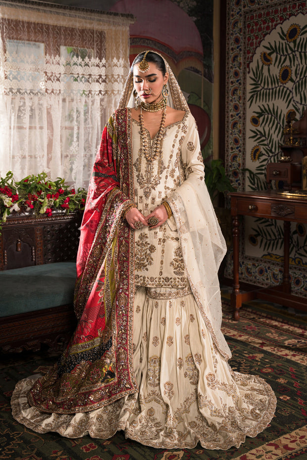 Ivory Gold Embroidered Pakistani Bridal Dress Classic Kameez Gharara