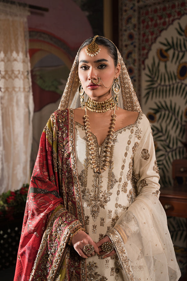 Ivory Gold Embroidered Pakistani Bridal Dress Kameez Gharara