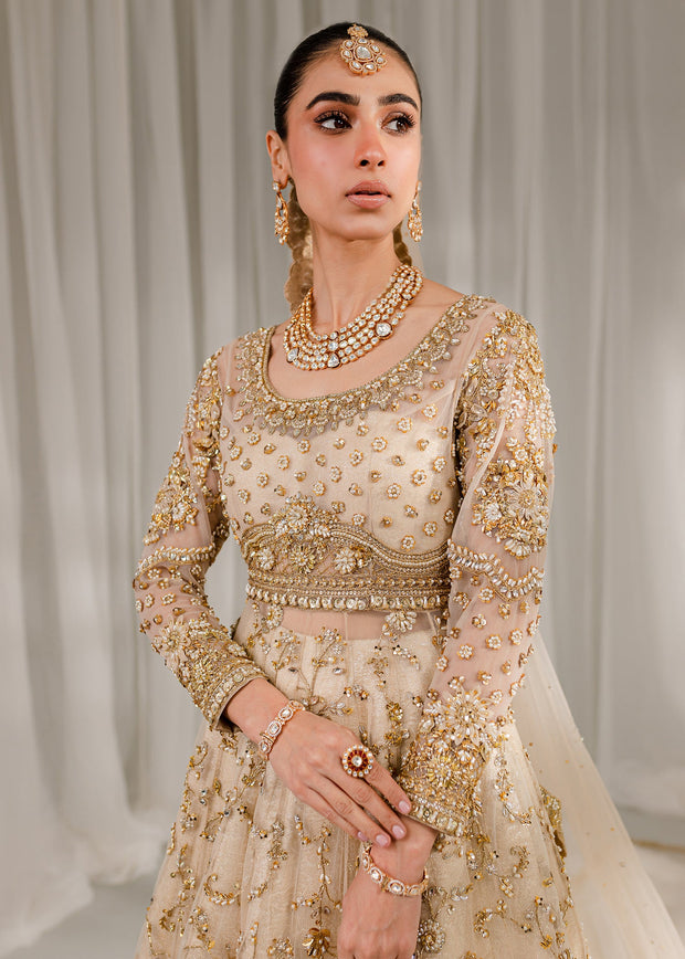 Ivory Gold Embroidered Pakistani Bridal Dress Pishwas Lehenga