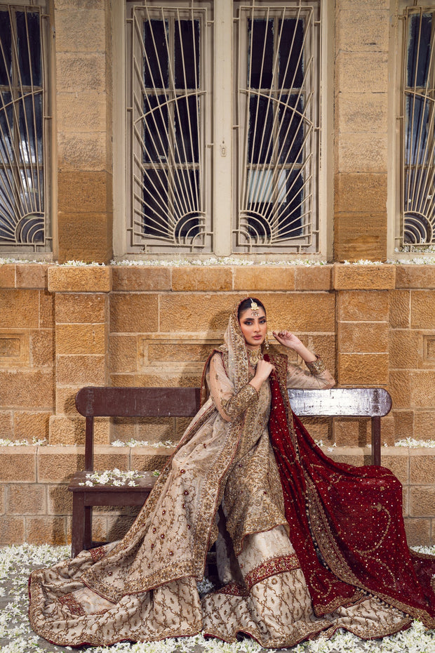 Ivory Gold Pakistani Bridal Dress in Farshi Sharara Kameez Style