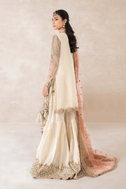 Ivory Pakistani Party Wear Embroidered Kameez Gharara Pink Dupatta