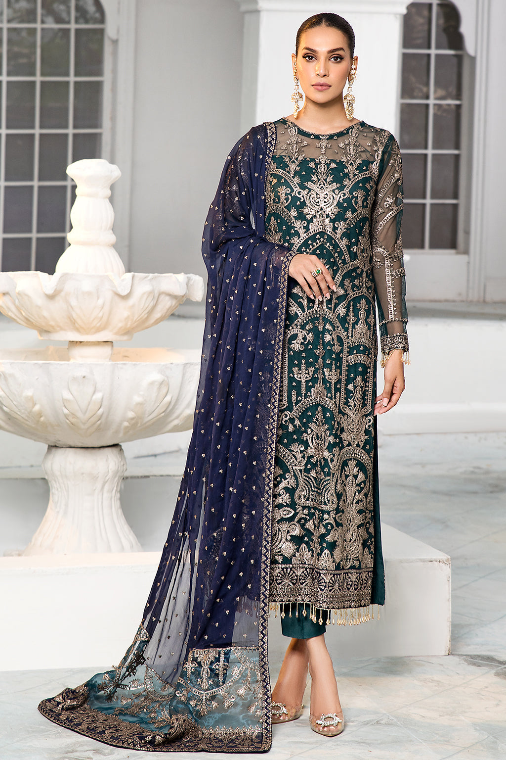 Kameez Trouser Dupatta Embroidered Pakistani Party Wear – Nameera by Farooq