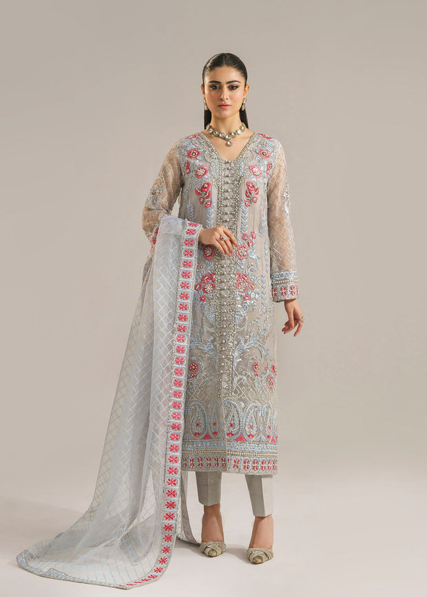 Kameez Trouser and Dupatta Grey Pakistani Party Dress