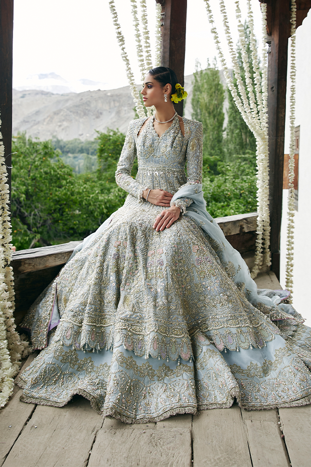 Latest Blue Pakistani Bridal Dress in Lehenga and Gown Style