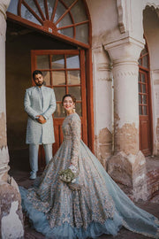 Latest Blue Wedding Lehenga and Pishwas Pakistani Bridal Dress