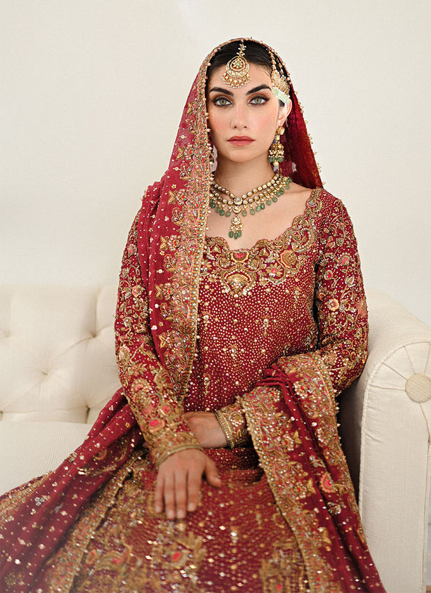 Latest Burgundy Pakistani Bridal Dress in Lehenga Kameez Style