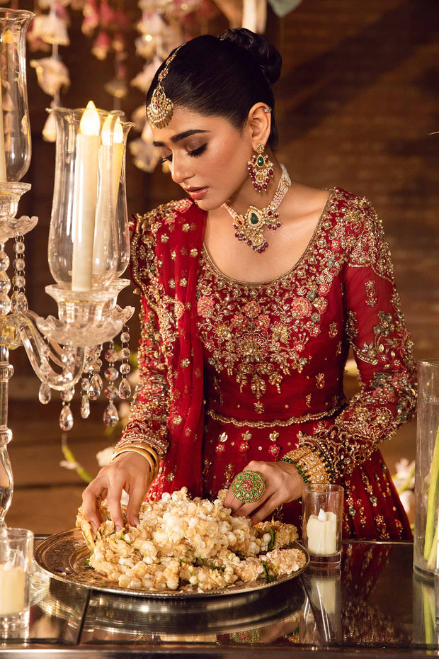 Latest Deep Red Pakistani Bridal Outfit in Choli Lehenga Style