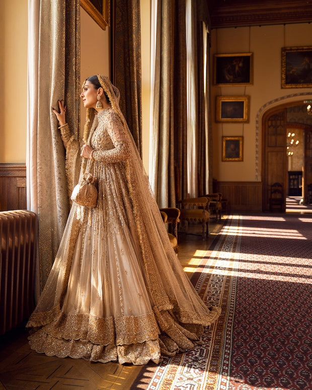 Latest Gold Pakistani Bridal Dress in Pishwas Lehenga Style