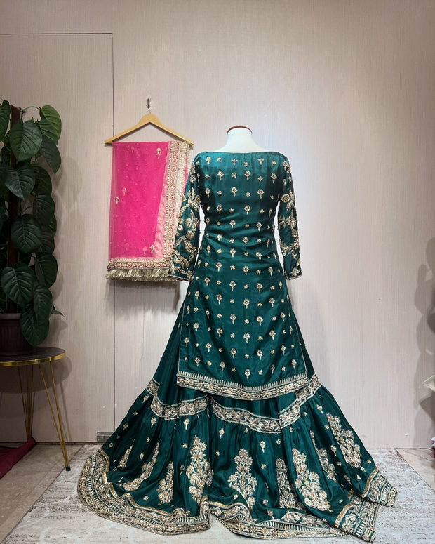 Latest Green Pakistani Bridal Dress in Kameez Lehenga Style