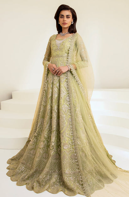 Green Pakistani Bridal Dress in Pishwas Frock Style – Nameera by Farooq