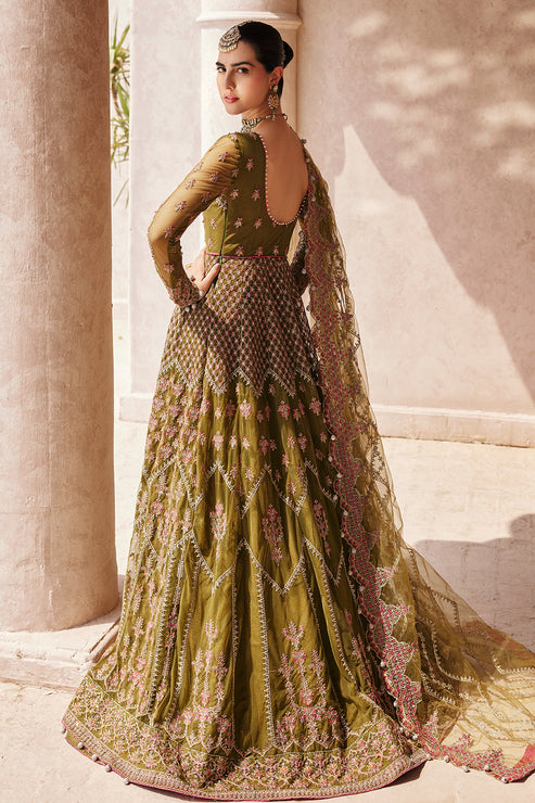 Green Pakistani Wedding Dress In Pishwas Frock Style Nameera By Farooq 