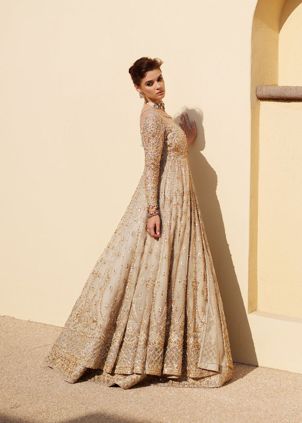 Latest Ivory Pakistani Bridal Dress in Lehenga and Gown Style