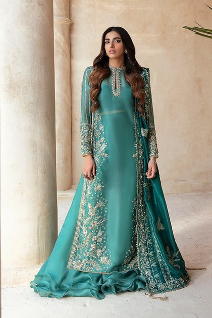 Kameez Sharara Dupatta Blue Pakistani Wedding Dress Nameera By Farooq 