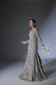 Latest Net Pakistani Bridal Dress in Grey Lehenga Shirt Style