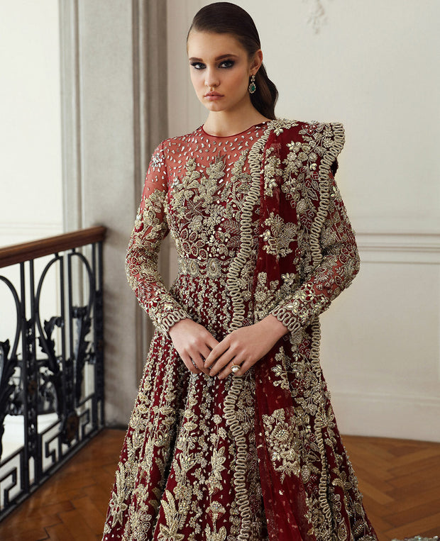 Latest Pakistani Bridal Dress in Embellished Red Gown Style