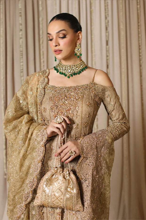 Latest Pakistani Bridal Dress in Gold Kameez Gharara Style