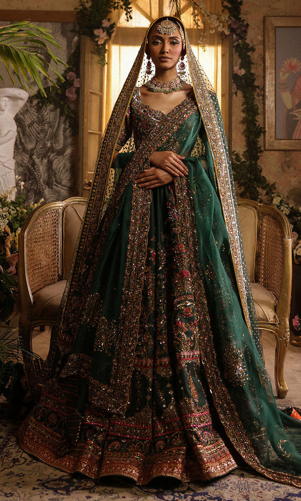 Latest Pakistani Bridal Dress in Green Lehenga Choli Style