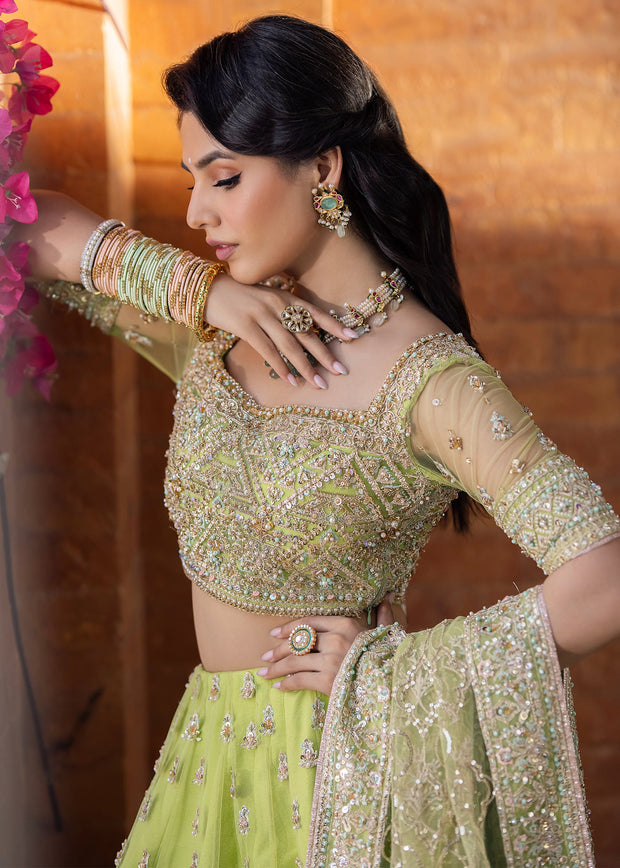 Latest Pakistani Bridal Dress in Green Lehenga Choli Style