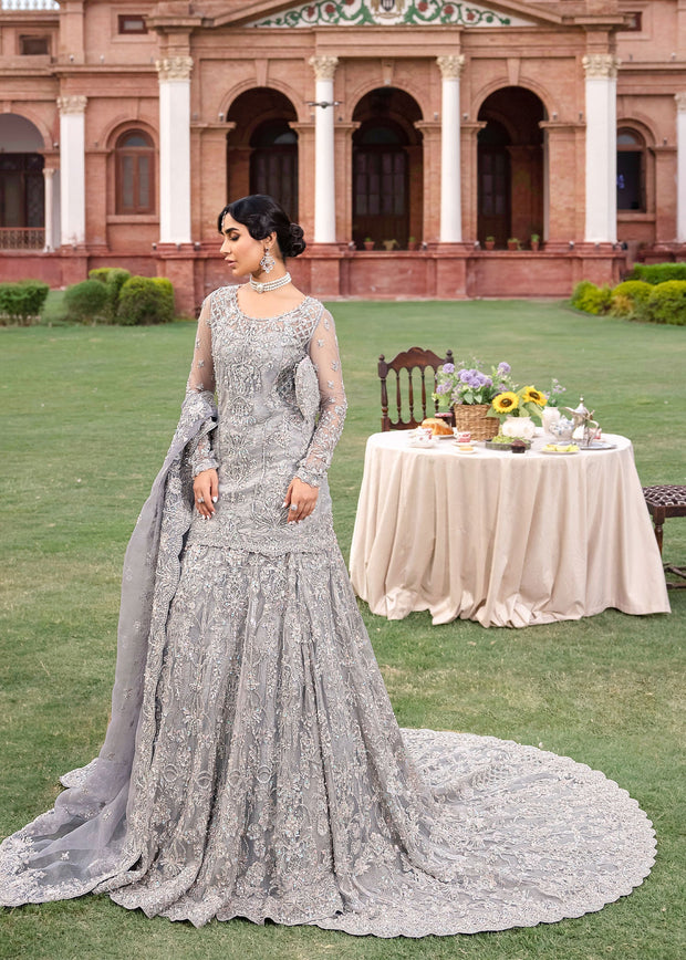 Latest Pakistani Bridal Dress in Grey Lehenga and Shirt Style