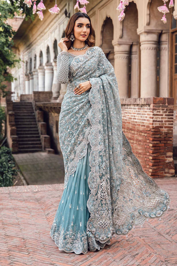 Latest Pakistani Bridal Dress in Ice Blue Wedding Saree Style