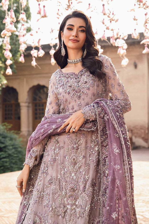 Latest Pakistani Bridal Dress in Lilac Kameez Lehenga Style