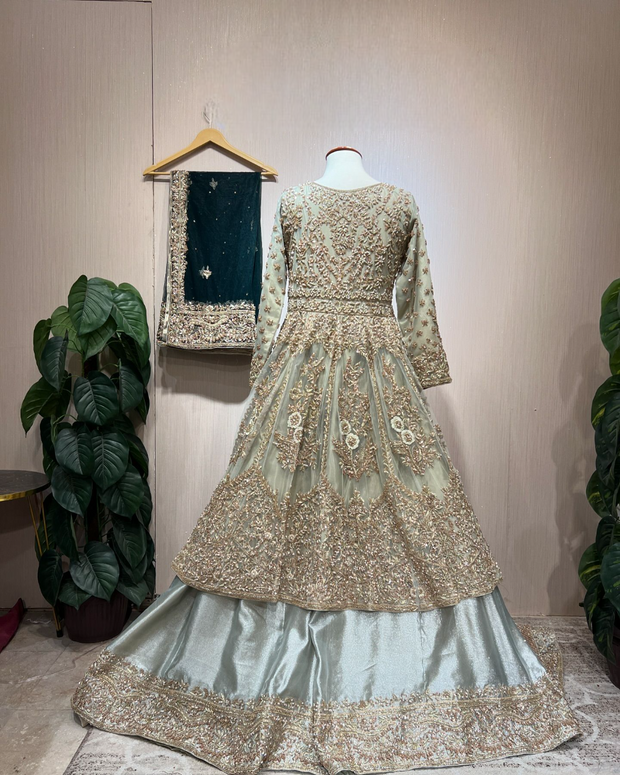 Latest Pakistani Bridal Dress in Open Frock and Lehenga Style