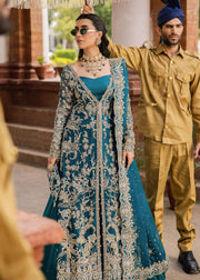 Latest Pakistani Bridal Dress in Open Gown Blue Lehenga Style