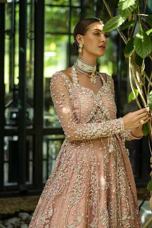 Latest Pakistani Bridal Dress in Peach Lehenga Kameez Style