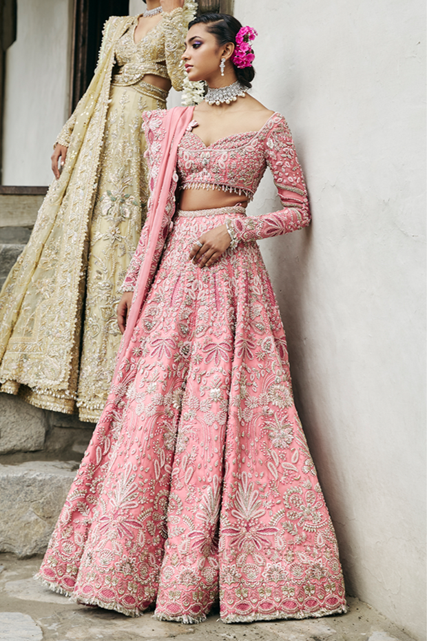 Latest Pakistani Bridal Dress in Pink Choli and Lehenga Style