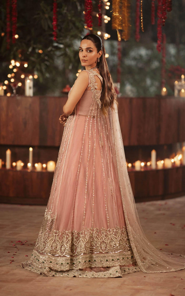 Latest Pakistani Bridal Dress in Pink Open Gown Lehenga Style