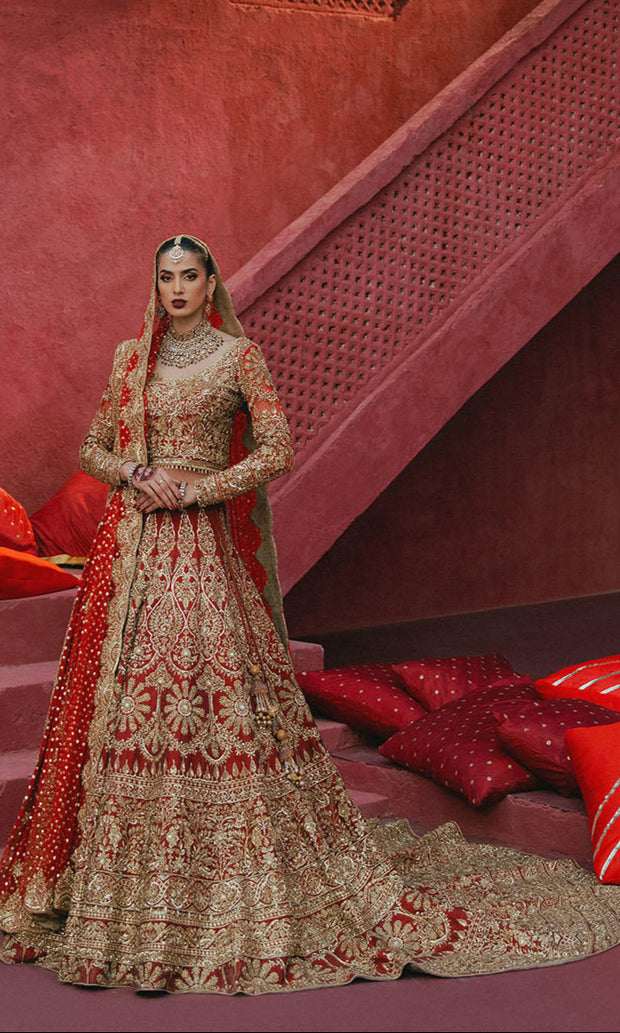 Latest Pakistani Bridal Dress in Red Choli and Lehenga Style