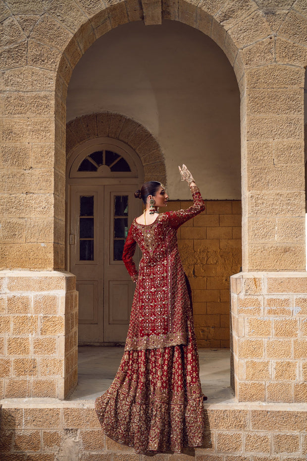 Latest Pakistani Bridal Dress in Red Lehenga and Kameez Style