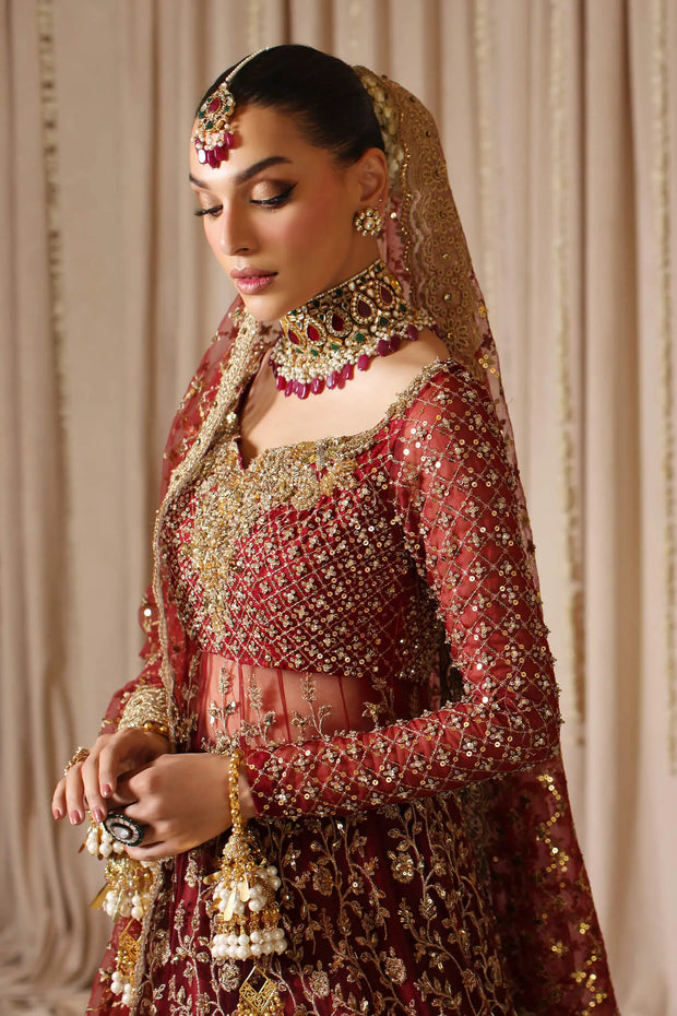 Latest Pakistani Bridal Dress in Red Pishwas Lehenga Style