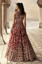 Latest Pakistani Bridal Dress in Royal Red Lehenga Frock Style