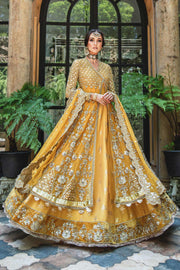 Latest Pakistani Bridal Mehndi Dress in Angrakha Lehenga Style