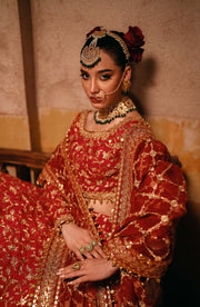 Latest Pakistani Bridal Outfit in Red Choli and Lehenga Style