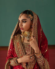 Latest Pakistani Bridal Outfit in Red Kameez Lehenga Style